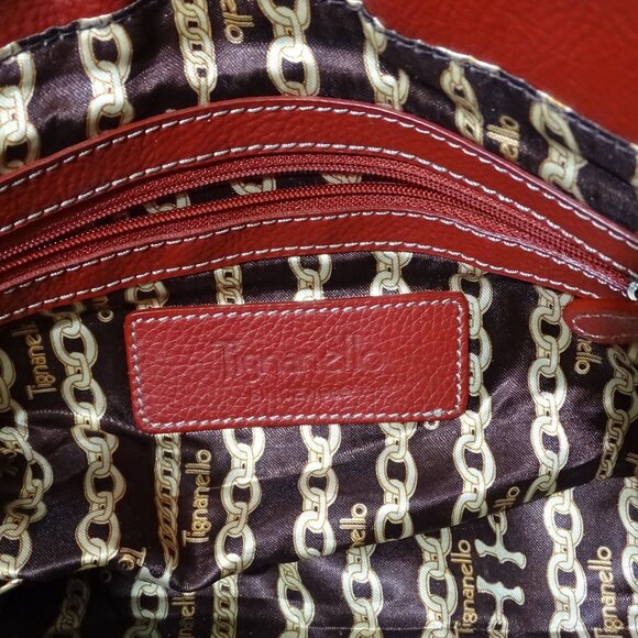 Tignanello Red Pebbled Leather Handbag Dual Buckle Straps Chain Print Lining - Picture 6 of 10